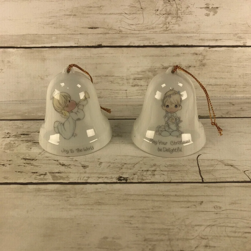 Precious Moments 1985 Christmas Bell Ornaments Set of 2 Enesco Joy To The World